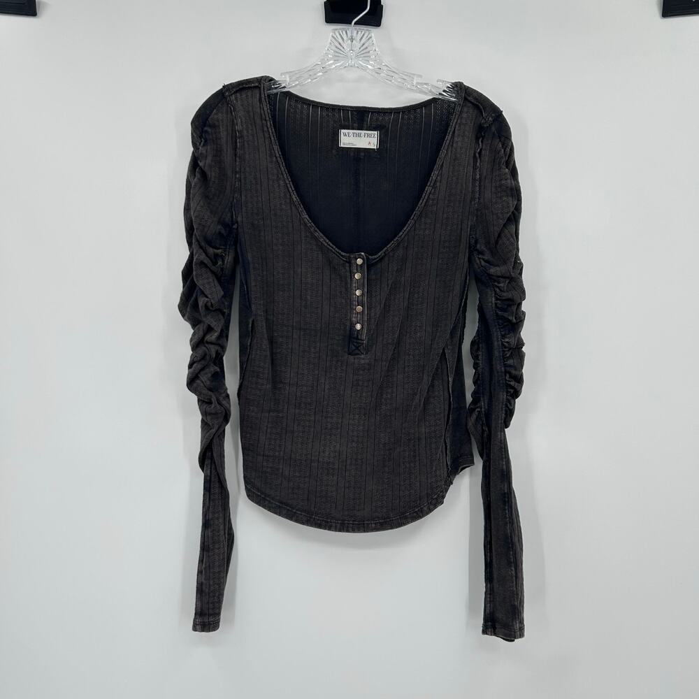 Free People We The Free Hope Henley Ruched Sleeve Washed Black Top Womens Size S - Picture 3 of 11
